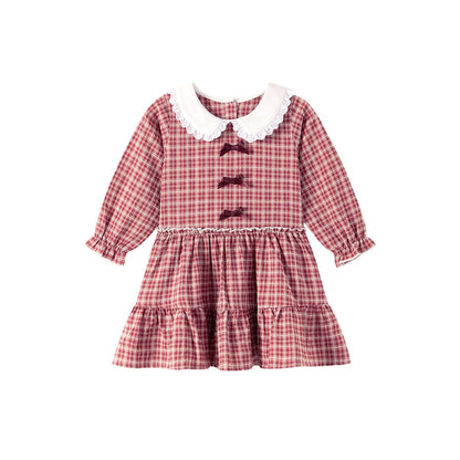 Baby Kids Girls Princess Plaid Pattern Long Sleeves Peter Pan Collar Dress