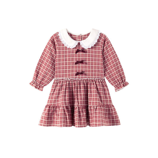 Baby Kids Girls Princess Plaid Pattern Long Sleeves Peter Pan Collar Dress
