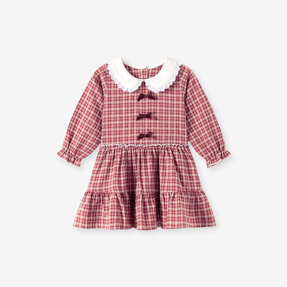 Baby Kids Girls Princess Plaid Pattern Long Sleeves Peter Pan Collar Dress