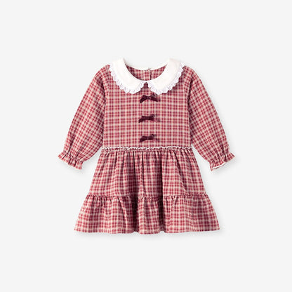 Baby Kids Girls Princess Plaid Pattern Long Sleeves Peter Pan Collar Dress