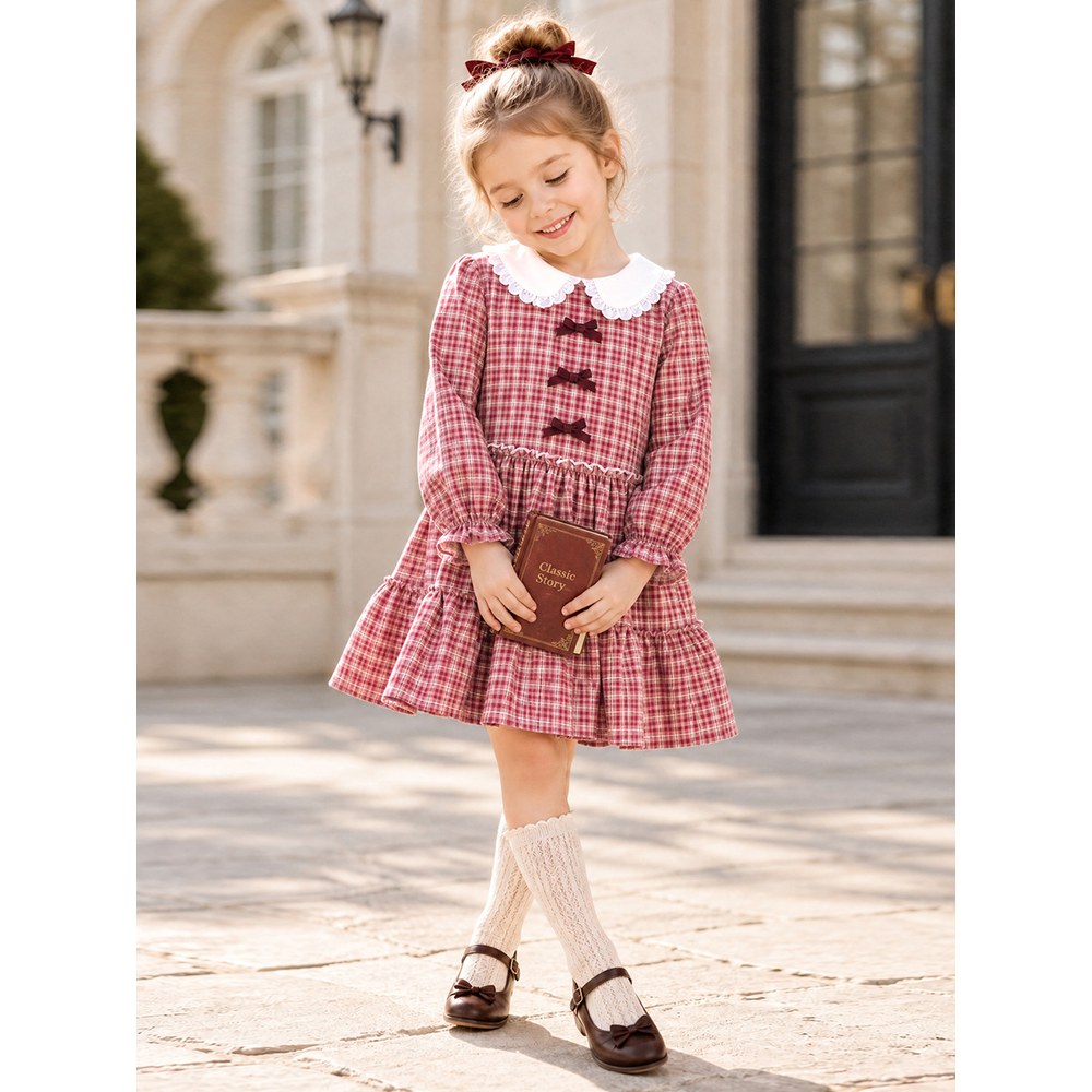 Baby Kids Girls Princess Plaid Pattern Long Sleeves Peter Pan Collar Dress