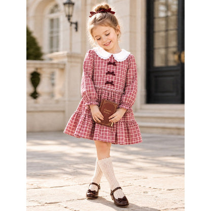 Baby Kids Girls Princess Plaid Pattern Long Sleeves Peter Pan Collar Dress