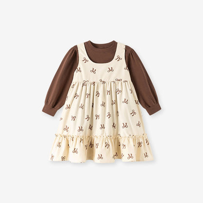 Baby Kids Girls Butterfly-bows Pattern Sleeveless Dress and Solid Color Top 2-piece Clothing Set