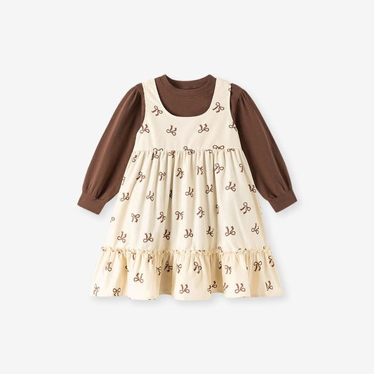 Baby Kids Girls Butterfly-bows Pattern Sleeveless Dress and Solid Color Top 2-piece Clothing Set