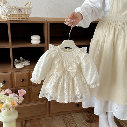 Baby Girls Long Sleeves Flowers Pattern Tulle Bodysuit Dress