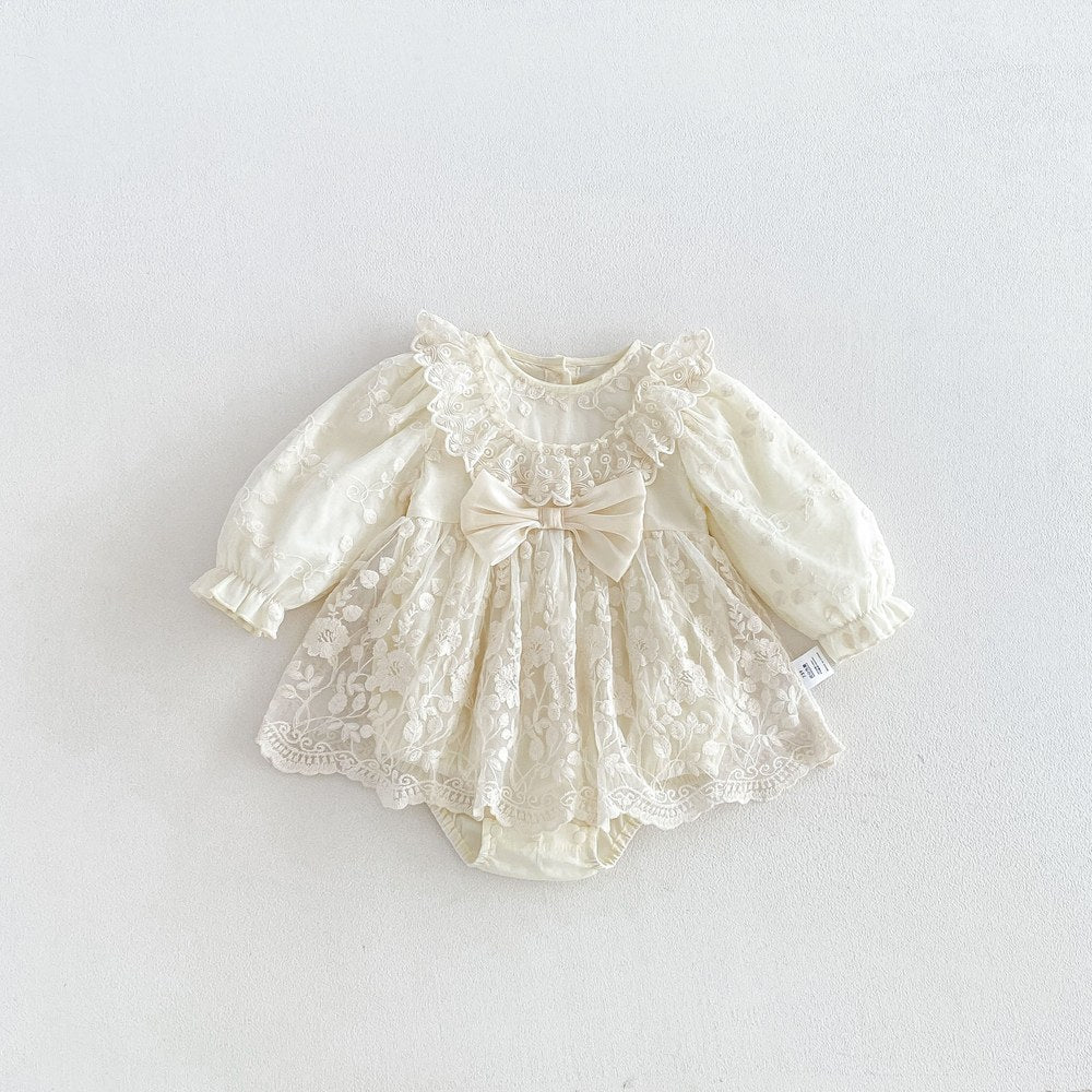 Baby Girls Long Sleeves Flowers Pattern Tulle Bodysuit Dress