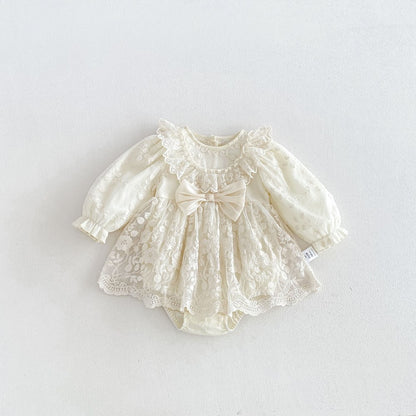 Baby Girls Long Sleeves Flowers Pattern Tulle Bodysuit Dress