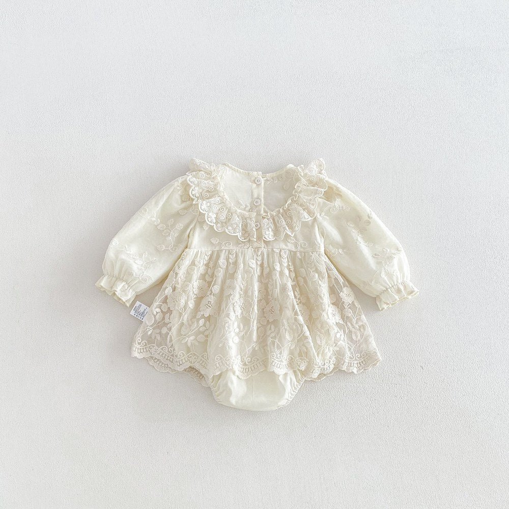 Baby Girls Long Sleeves Flowers Pattern Tulle Bodysuit Dress