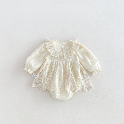 Baby Girls Long Sleeves Flowers Pattern Tulle Bodysuit Dress