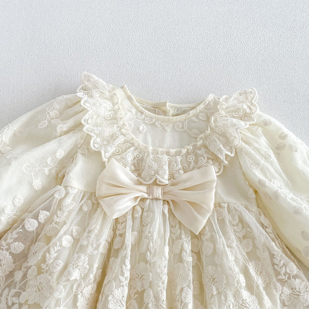 Baby Girls Long Sleeves Flowers Pattern Tulle Bodysuit Dress