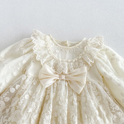 Baby Girls Long Sleeves Flowers Pattern Tulle Bodysuit Dress