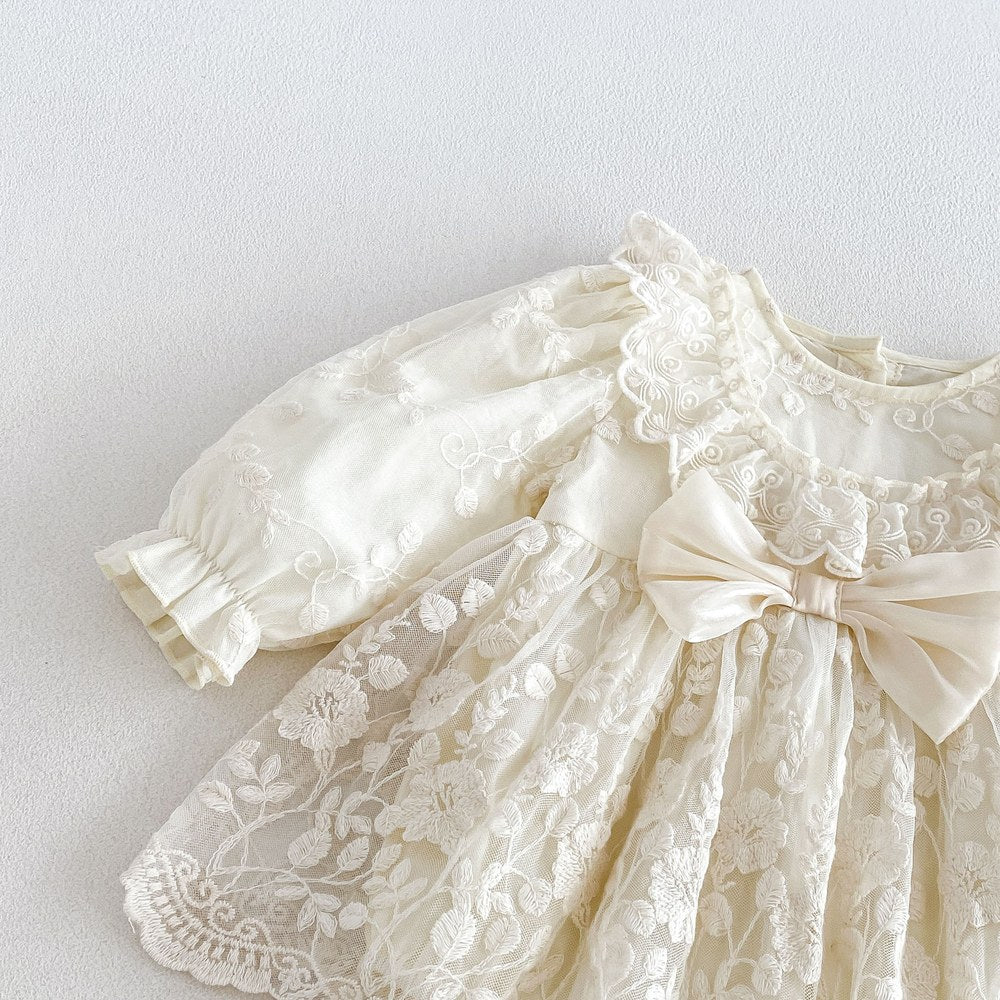 Baby Girls Long Sleeves Flowers Pattern Tulle Bodysuit Dress