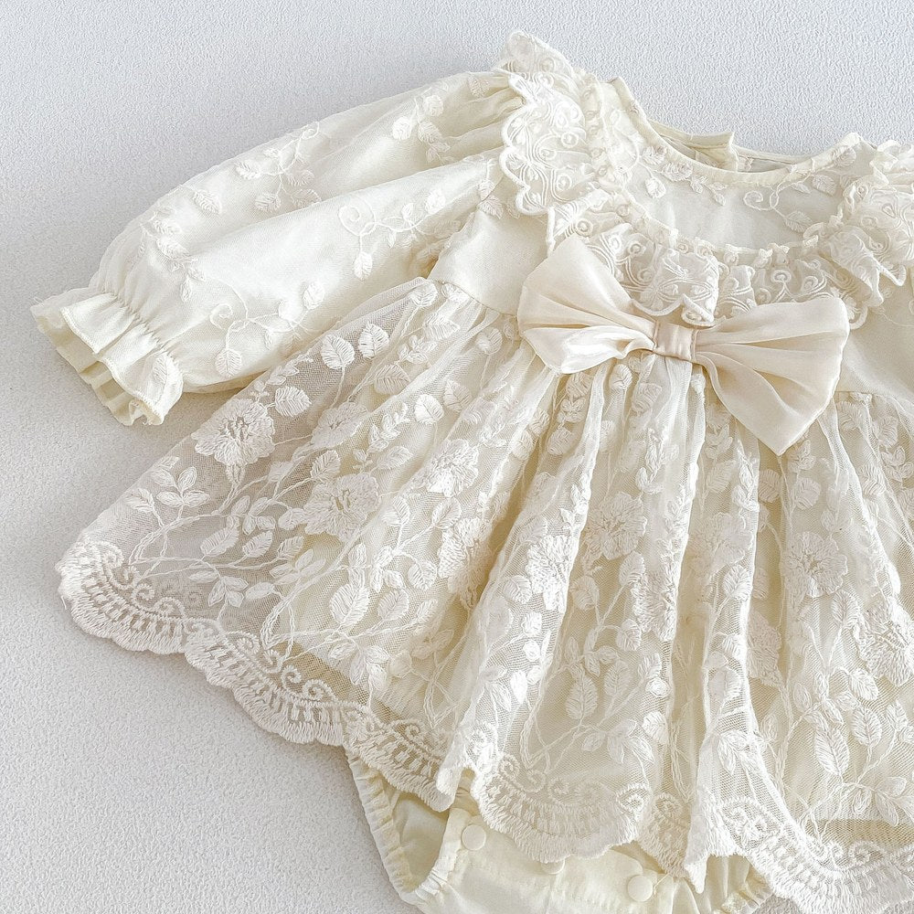 Baby Girls Long Sleeves Flowers Pattern Tulle Bodysuit Dress