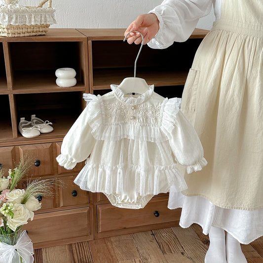 Baby Girls Long Sleeves Flowers Pattern Tulle Bodysuit Dress