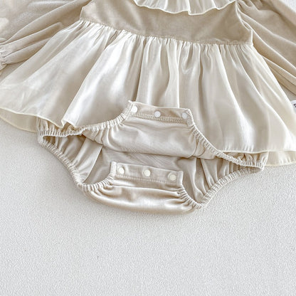 Baby Girls Long Sleeves Color Patchwork Tulle Bodysuit Dress