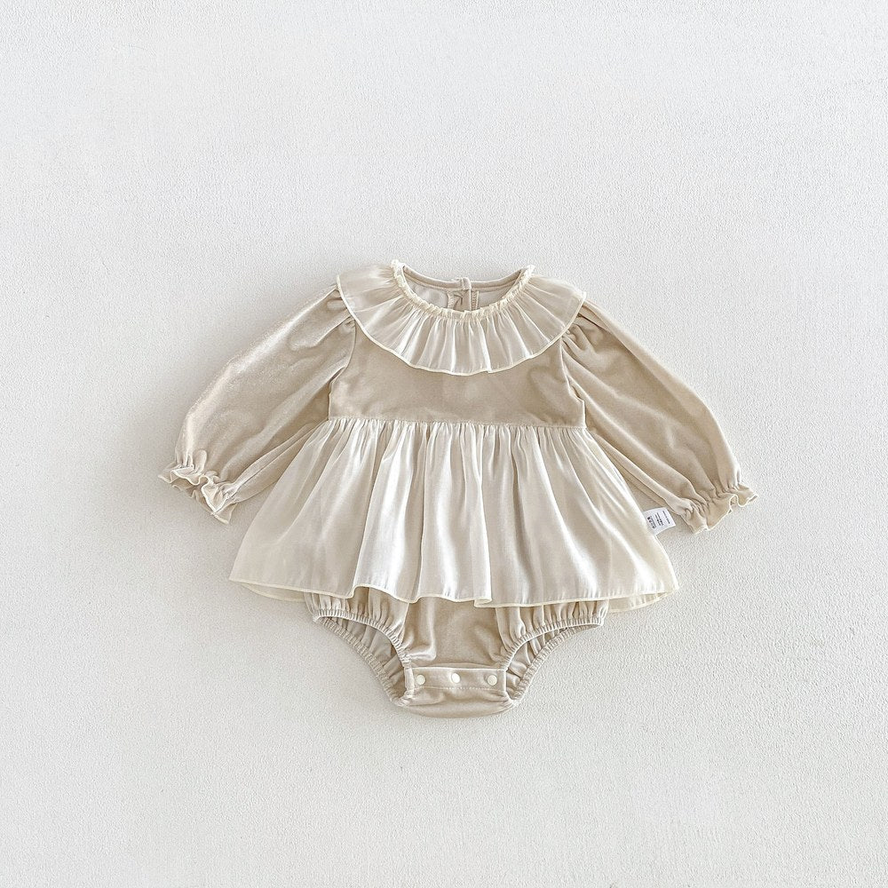 Baby Girls Long Sleeves Color Patchwork Tulle Bodysuit Dress