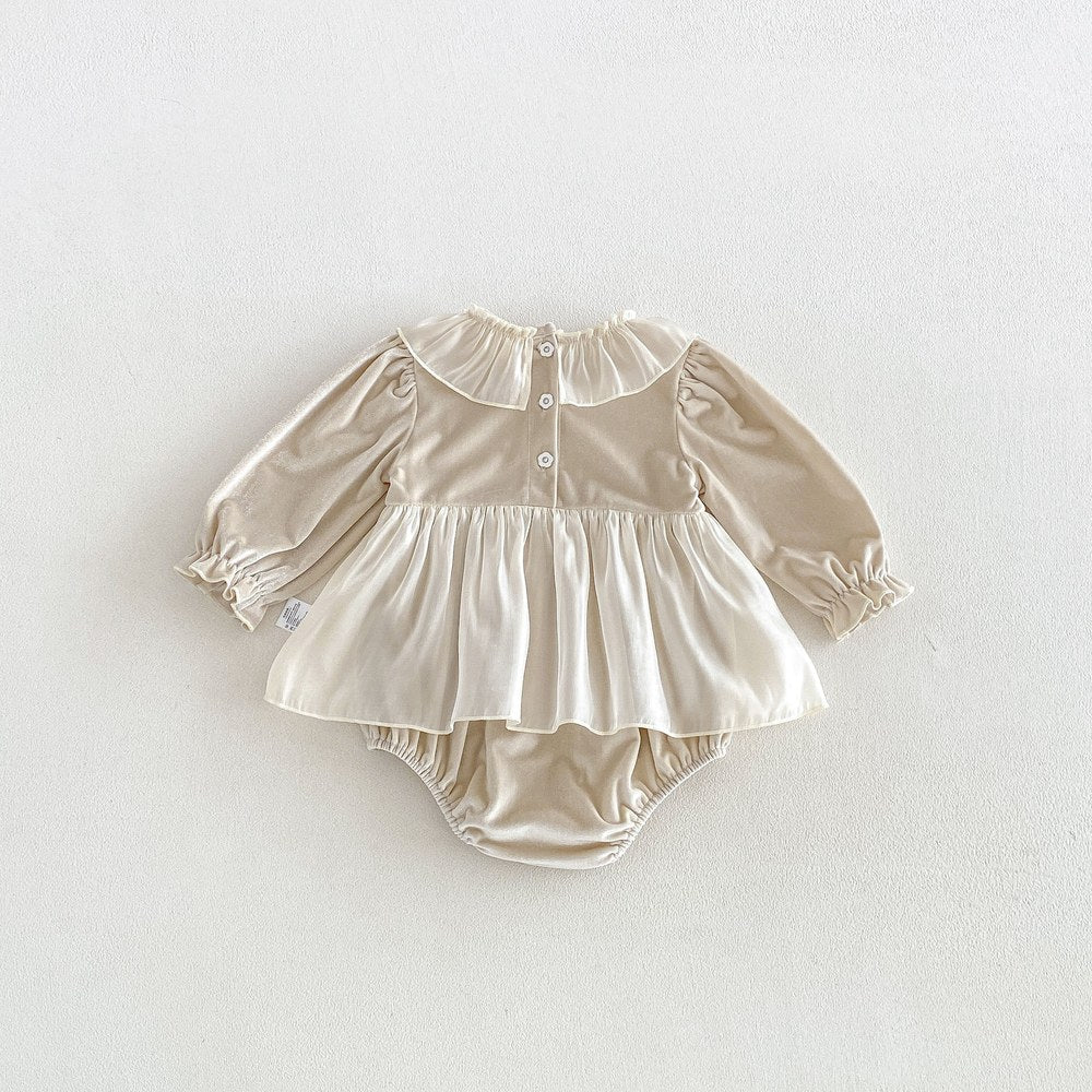 Baby Girls Long Sleeves Color Patchwork Tulle Bodysuit Dress