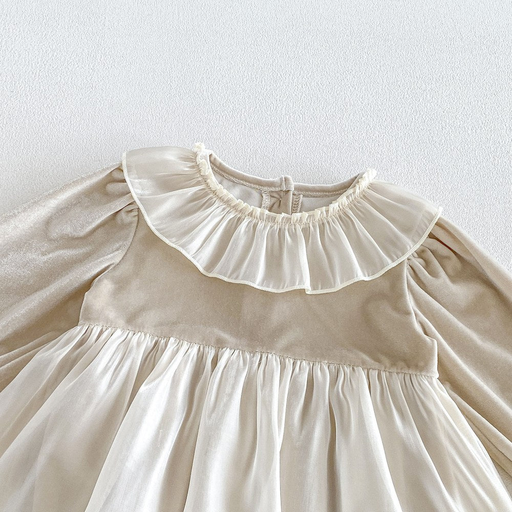 Baby Girls Long Sleeves Color Patchwork Tulle Bodysuit Dress