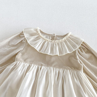 Baby Girls Long Sleeves Color Patchwork Tulle Bodysuit Dress