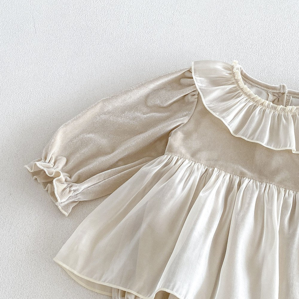 Baby Girls Long Sleeves Color Patchwork Tulle Bodysuit Dress