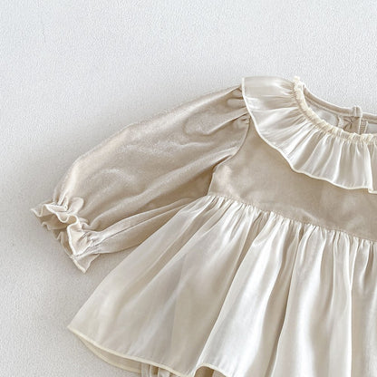 Baby Girls Long Sleeves Color Patchwork Tulle Bodysuit Dress
