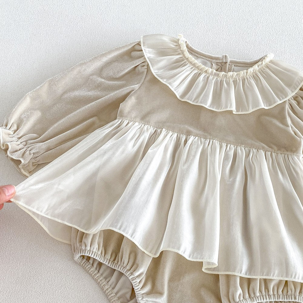 Baby Girls Long Sleeves Color Patchwork Tulle Bodysuit Dress