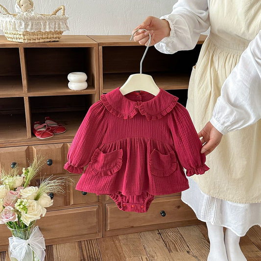 Baby Girls Long Sleeves Solid Color Peter Pan Collar Bodysuit Dress