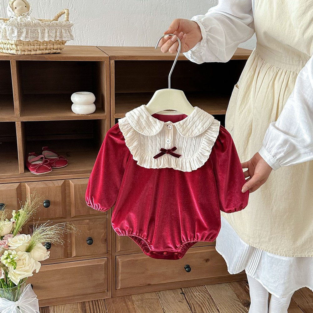 Baby Girls Long Sleeves Color Patchwork Peter Pan Collar Bodysuit