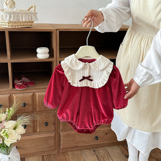 Baby Girls Long Sleeves Color Patchwork Peter Pan Collar Bodysuit