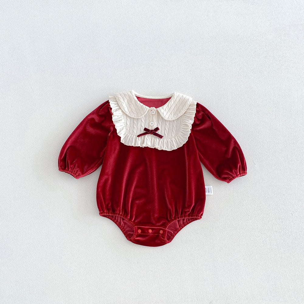 Baby Girls Long Sleeves Color Patchwork Peter Pan Collar Bodysuit
