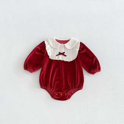 Baby Girls Long Sleeves Color Patchwork Peter Pan Collar Bodysuit