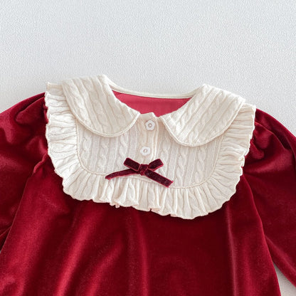 Baby Girls Long Sleeves Color Patchwork Peter Pan Collar Bodysuit