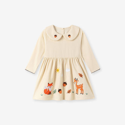 Baby Kids Girls Princess Cartoon Pattern Long Sleeves Peter Pan Collar Dress