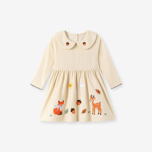 Baby Kids Girls Princess Cartoon Pattern Long Sleeves Peter Pan Collar Dress