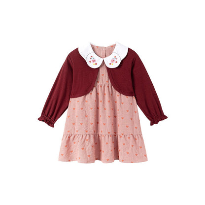 Baby Kids Girls Hearts Pattern Sleeveless Dress and Solid Color Coat 2-piece Clothing Set