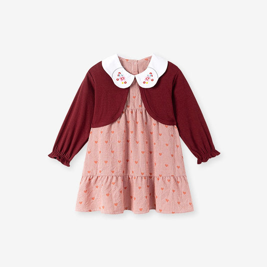 Baby Kids Girls Hearts Pattern Sleeveless Dress and Solid Color Coat 2-piece Clothing Set