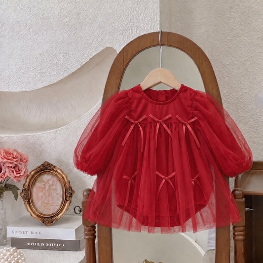 Baby Girls Long Sleeves Solid Color Butterfly-bows Decorated Bodysuit Dress