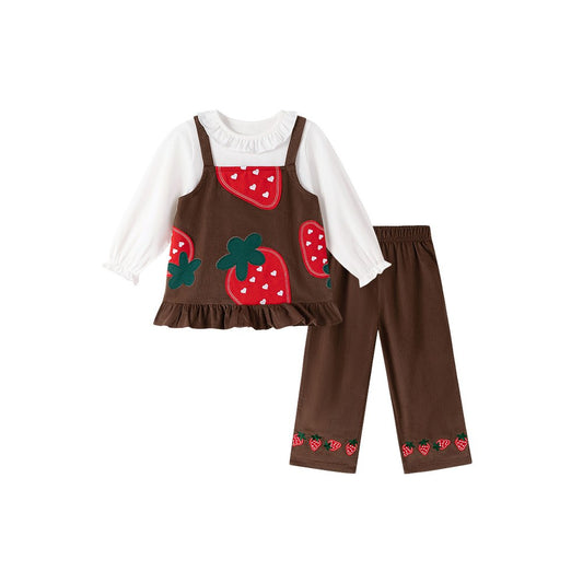 Baby Kids Girls Strawberry Pattern Sleeveless Vest, White Top and Corduroy Pants 3-piece Clothing Set