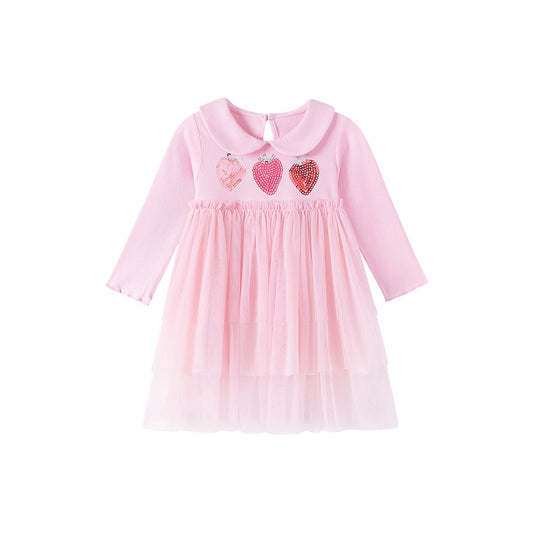 Baby Kids Girls Princess Strawberry Pattern Long Sleeves Peter Pan Collar Dress