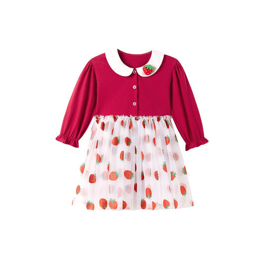 Baby Kids Girls Princess Strawberry Pattern Long Sleeves Peter Pan Collar Dress