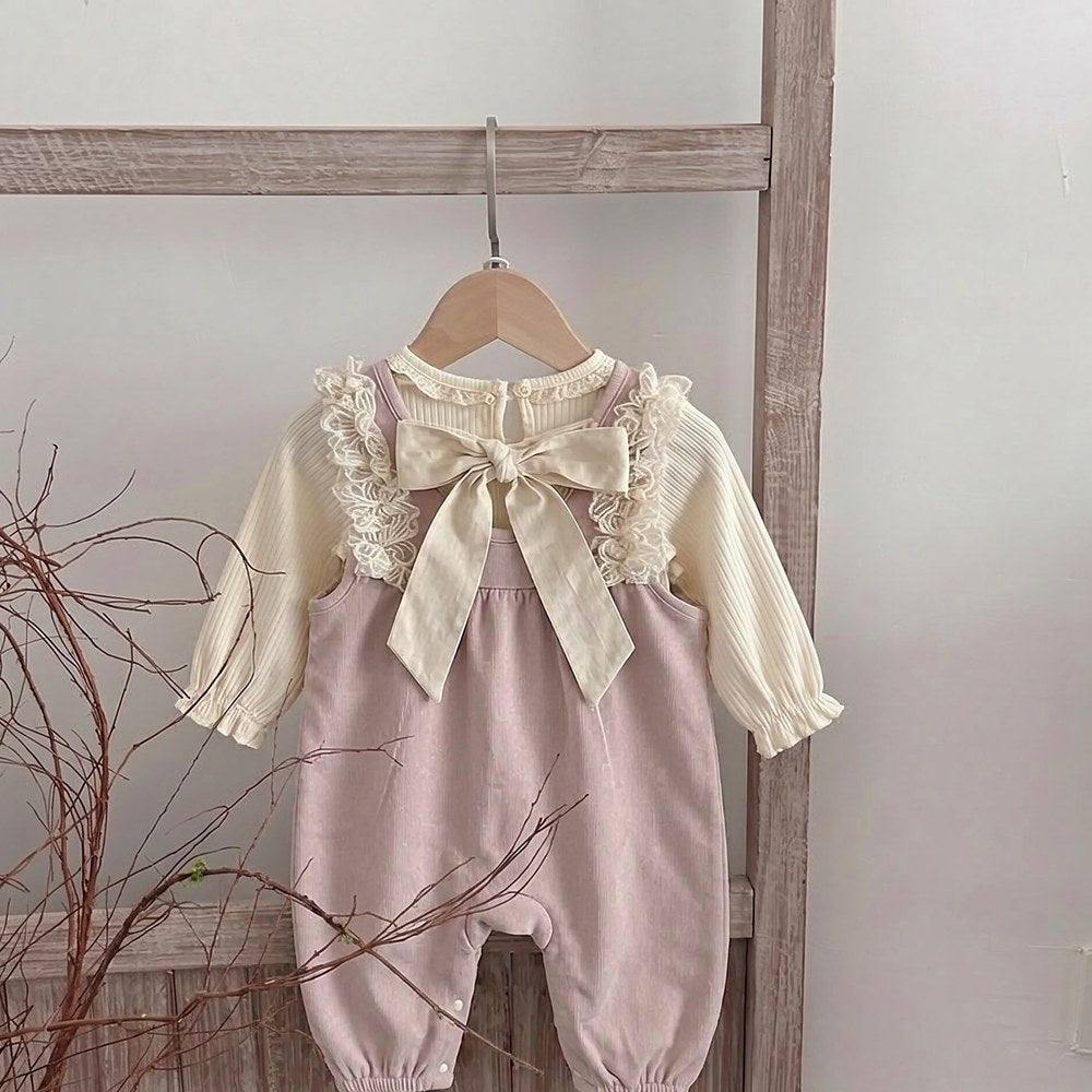 Baby Kids Girls Long Sleeves Apricot Top and Lace Trim Sleeveless Rompers Overalls 2-Piece Clothing Set