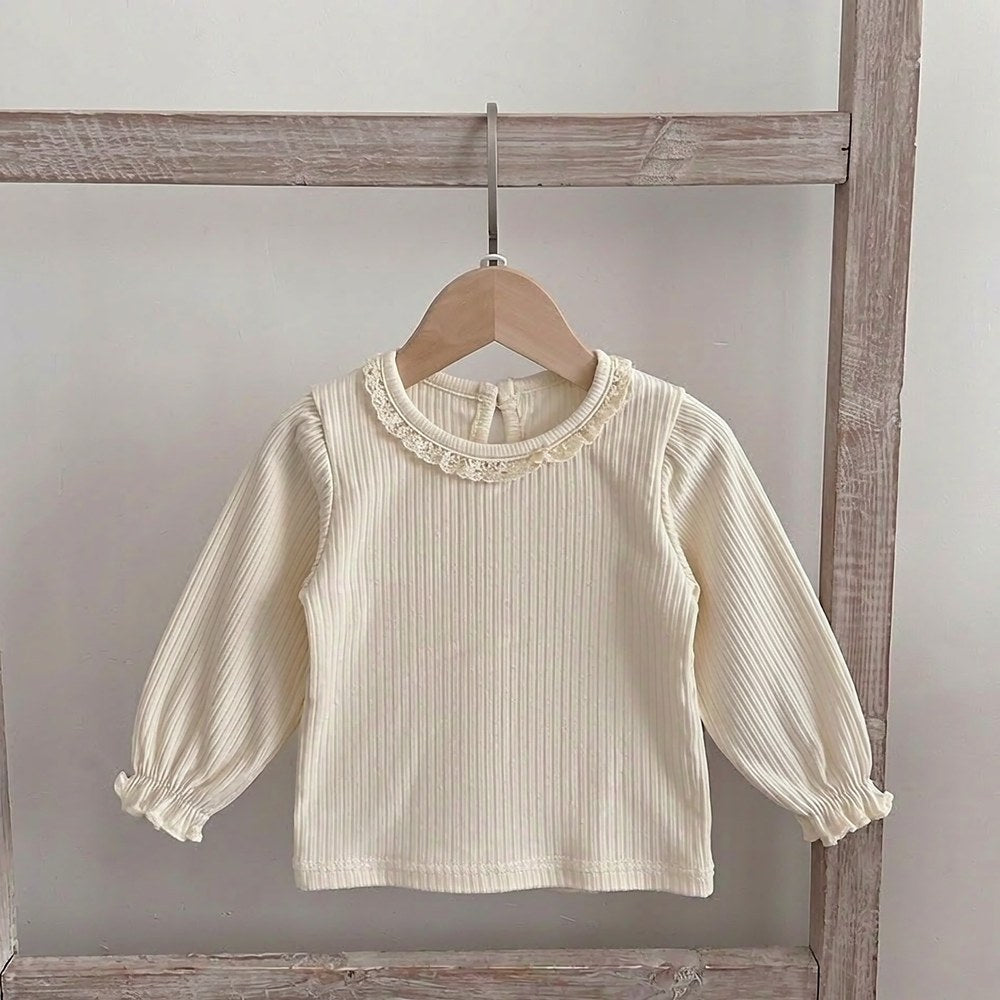 Baby Kids Girls Long Sleeves Apricot Top and Lace Trim Sleeveless Rompers Overalls 2-Piece Clothing Set