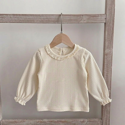 Baby Kids Girls Long Sleeves Apricot Top and Lace Trim Sleeveless Rompers Overalls 2-Piece Clothing Set