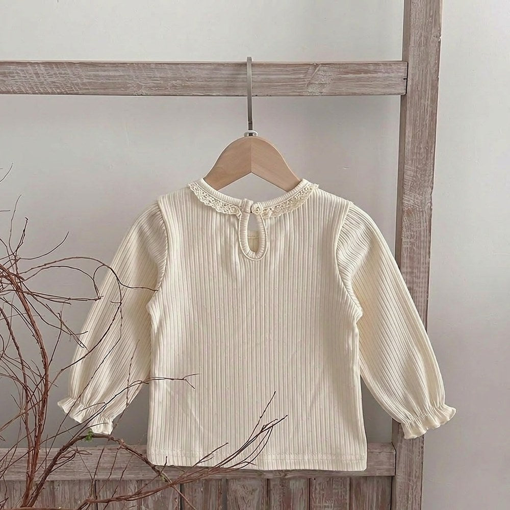 Baby Kids Girls Long Sleeves Apricot Top and Lace Trim Sleeveless Rompers Overalls 2-Piece Clothing Set
