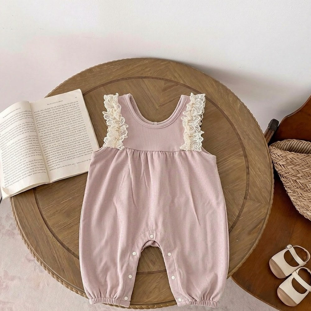 Baby Kids Girls Long Sleeves Apricot Top and Lace Trim Sleeveless Rompers Overalls 2-Piece Clothing Set
