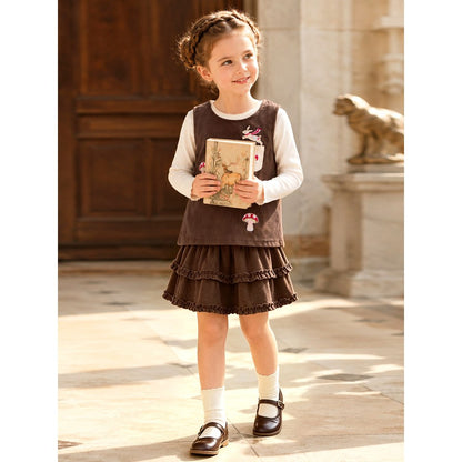 Baby Kids Girls Mushrooms Pattern Sleeveless Vest, White Top and Brown Skirt 3-piece Clothing Set