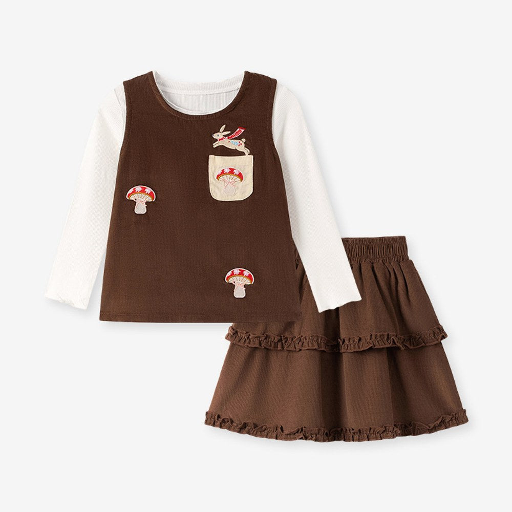 Baby Kids Girls Mushrooms Pattern Sleeveless Vest, White Top and Brown Skirt 3-piece Clothing Set