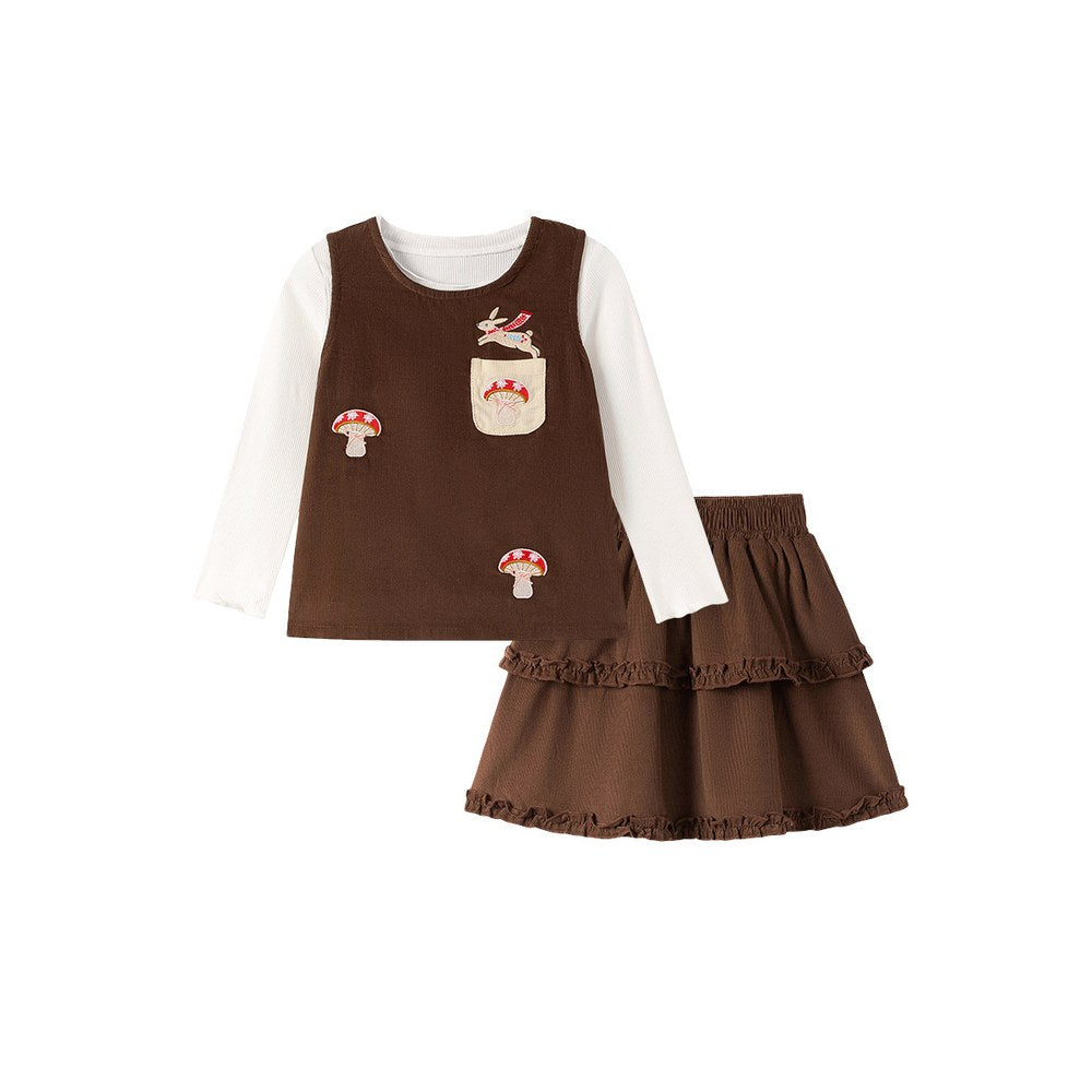 Baby Kids Girls Mushrooms Pattern Sleeveless Vest, White Top and Brown Skirt 3-piece Clothing Set