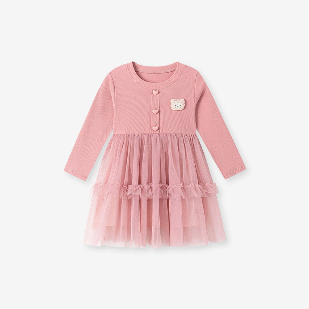 Baby Kids Girls Princess Cartoon Pattern Long Sleeves Tulle Dress