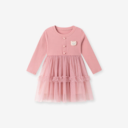 Baby Kids Girls Princess Cartoon Pattern Long Sleeves Tulle Dress